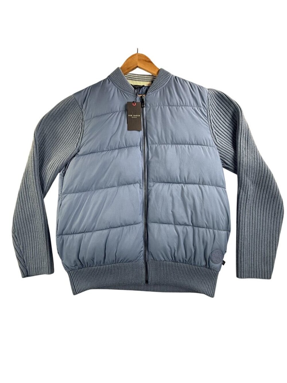 Ted Baker Jacket Mens Medium Blue Knit Sleeve Puffer Bomber Zip MMK Spores New